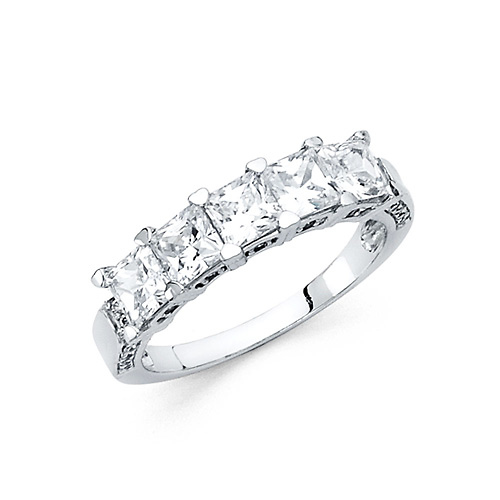 4mm 5-Stone Basket Heart-Prong  Princess-Cut CZ Wedding Band in 14K White Gold Slide 0