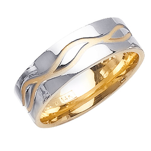 7mm Wave Design 14K Two-Tone Gold Wedding Band Slide 1