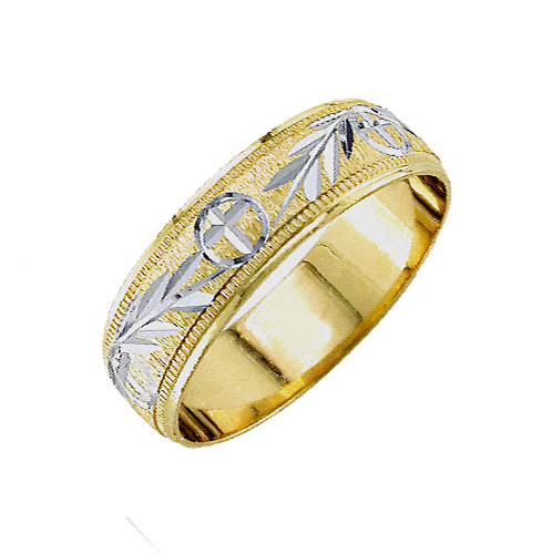 14K Two-Tone Gold 5.5mm Hand-Carved Christian Wedding Band Slide 1