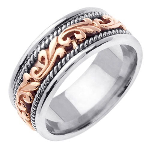 9mm Art Deco Rose Gold Flourish 14K Two Tone Wedding Ring for Men Slide 1