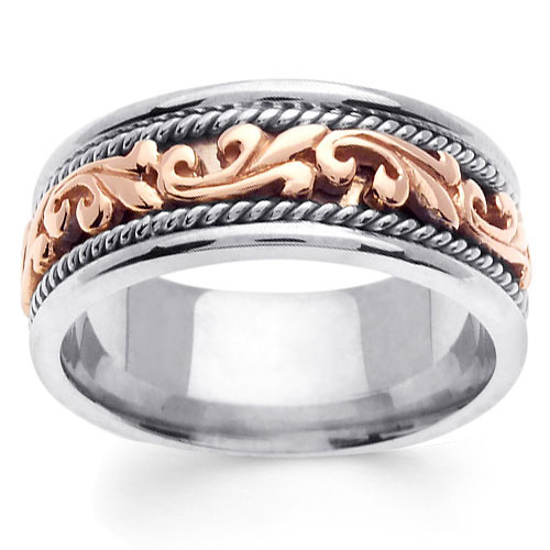 9mm Art Deco Rose Gold Flourish 14K Two Tone Wedding Ring for Men Slide 0