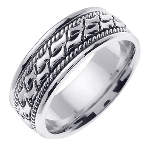 8mm Cobblestone Patterned Rope Designer 14K White Gold Men's Ring Slide 1