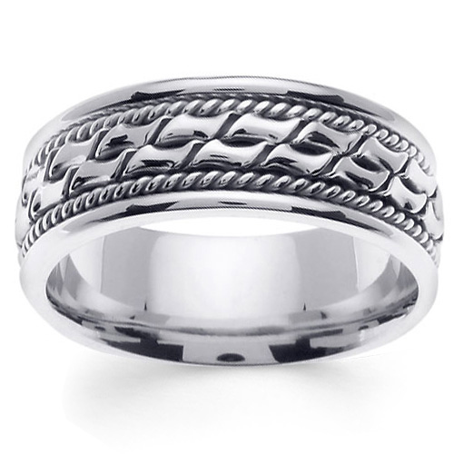8mm Cobblestone Patterned Rope Designer 14K White Gold Men's Ring Slide 0