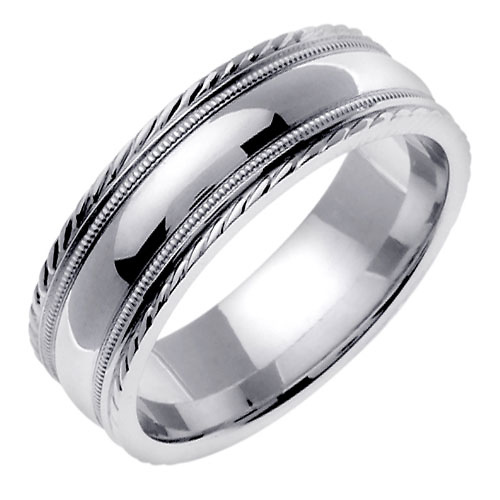 7mm Carved Edge Milgrain 14K White Gold Wedding Band Slide 1