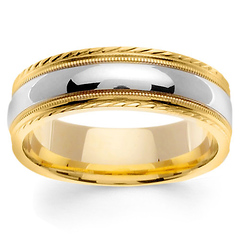 7mm Carved Edge 14K Two-Tone Gold  Milgrain Wedding Ring