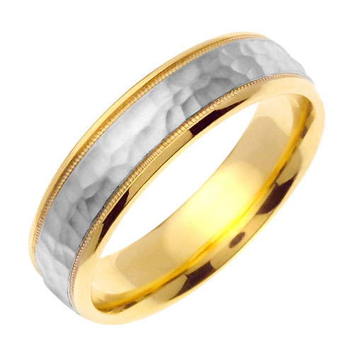 14K Two-Tone Gold Milgrain 6mm Hammered Wedding Band Slide 1
