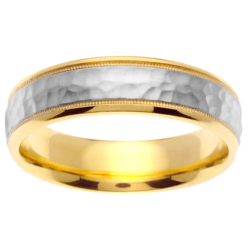14K Two-Tone Gold Milgrain 6mm Hammered Wedding Band Slide 0