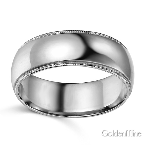 7mm Classic Light Comfort-Fit Dome Milgrain Men's Wedding Band - 14K White Gold Slide 1