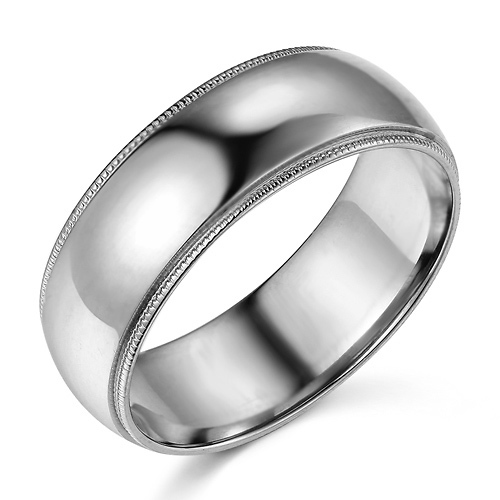 7mm Classic Light Comfort-Fit Dome Milgrain Men's Wedding Band - 14K White Gold Slide 0