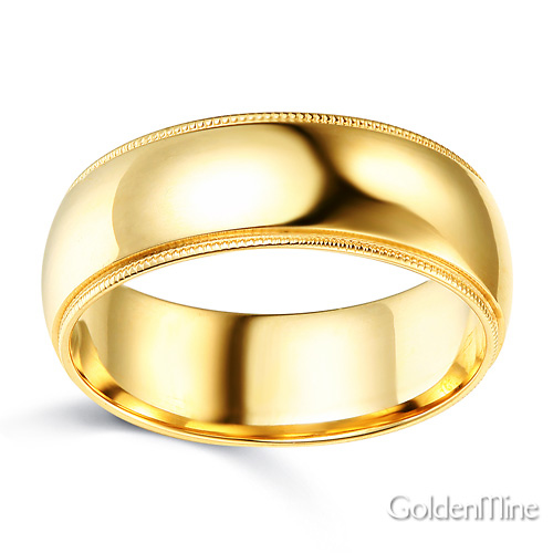 8mm Classic Light Comfort-Fit Dome Milgrain Men's Wedding Band - 10K, 14K, 18K Yellow Gold Slide 1