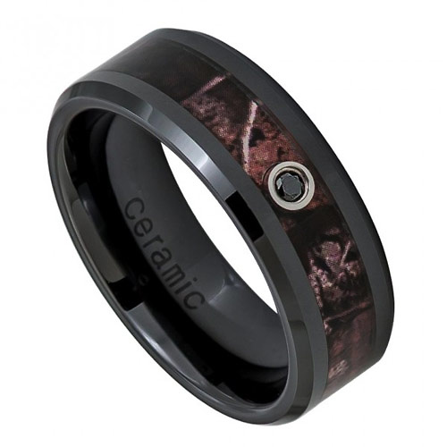 8mm Beveled Black Ceramic Forest Camo Ring with Black Diamond - Men Slide 0