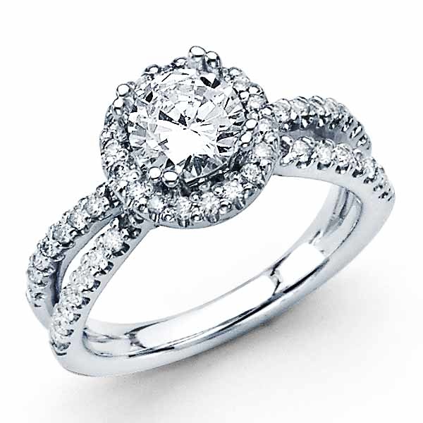 14K White Gold Split Shank Halo 1CT Round Diamond Engagement Ring 1.61ctw Slide 0