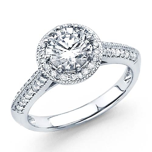 14K White Gold Knife-Edge Halo 1.0ct Round-Cut Engagement Ring 1.42ctw Slide 0