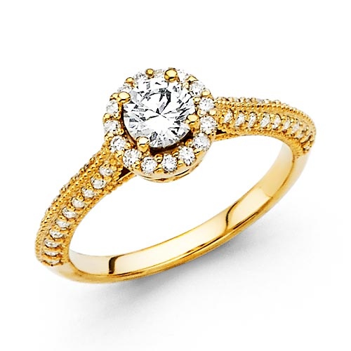 14K Yellow Gold Knife-Edge Halo Round-Cut Diamond Engagement Ring .9ctw Slide 0