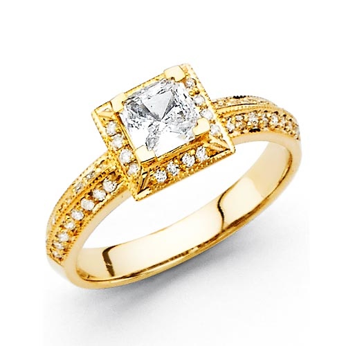 Deco Inspired 14K Yellow Gold Halo Princess-Cut Engagement Ring .76ctw Slide 0