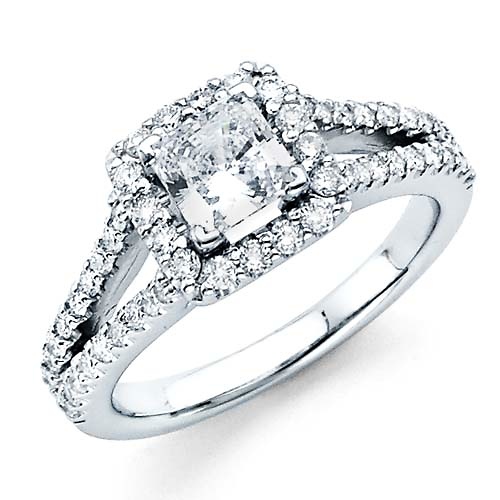 Halo Split Shank 1CT Princess Diamond Engagement Ring - White Gold 1.7ctw Slide 0