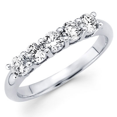 Classic 5 Diamond Prong Wedding Band in 14K White Gold Slide 0