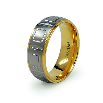 Carved Titanium and Gold Plated Wedding Band Slide 0
