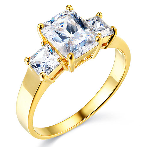 3-Stone Basket Radiant & Princess-Cut CZ Engagement Ring in 14K Yellow Gold Slide 0
