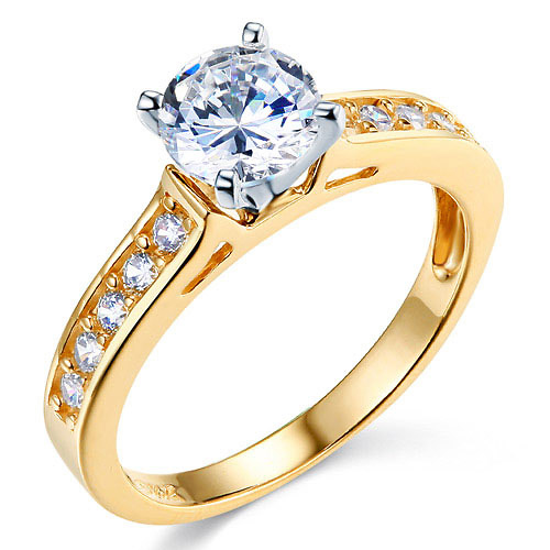Cathedral-Set 1-CT Round-Cut CZ Engagement Ring in Two-Tone 14K Yellow Gold Slide 0