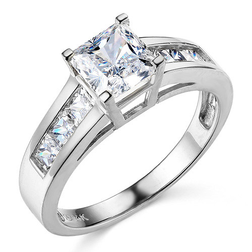 Channel & Basket-Set Princess-Cut CZ Engagement Ring in 14K White Gold Slide 0