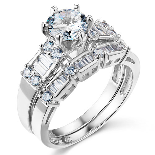 1.25 CT Round-Cut & Baguette CZ Wedding Ring Set in 14K White Gold 2ctw Slide 0