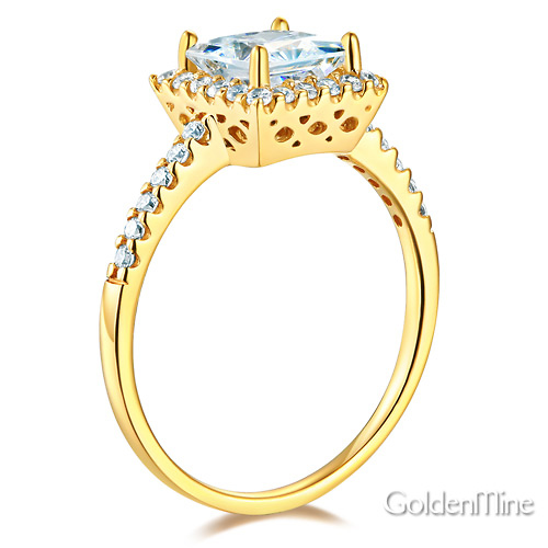 1-CT Princess-Cut & Round Side Halo CZ Engagement Ring in 14K Yellow Gold Slide 1