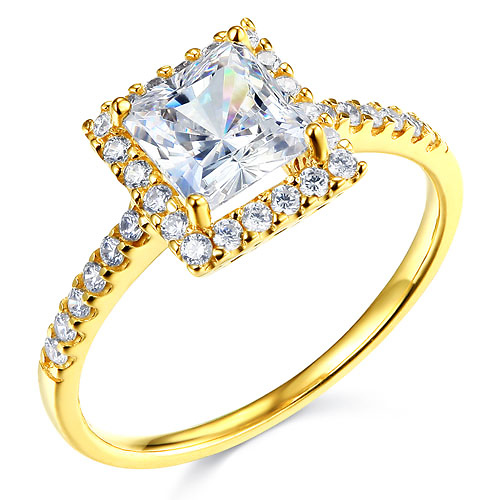 1-CT Princess-Cut & Round Side Halo CZ Engagement Ring in 14K Yellow Gold Slide 0