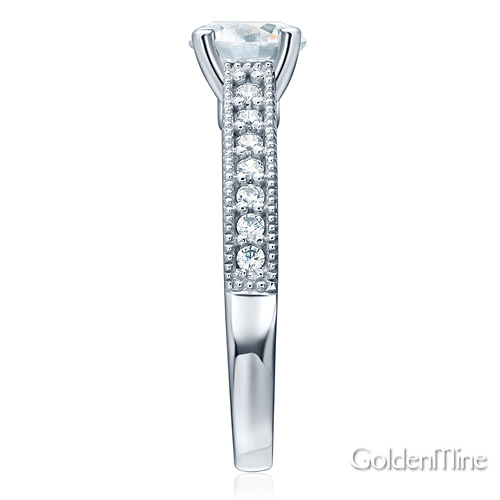 Milgrain 1-CT Round-Cut CZ Engagement Ring Set & Pave Stones in 14K White Gold Slide 3