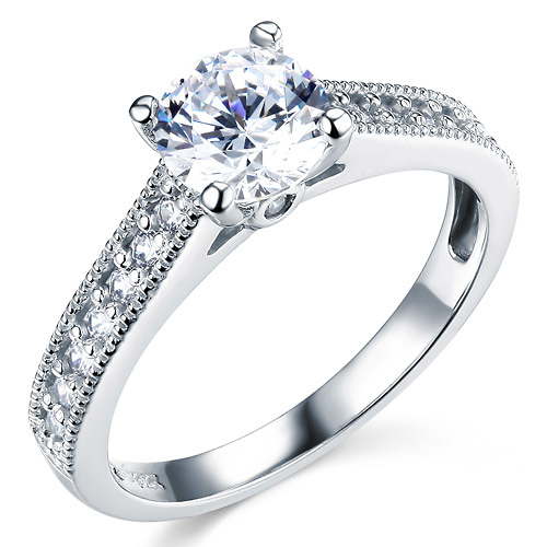 Milgrain 1-CT Round-Cut CZ Engagement Ring Set & Pave Stones in 14K White Gold Slide 1
