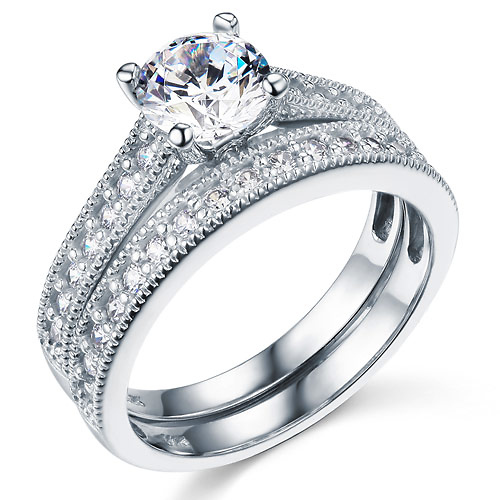Milgrain 1-CT Round-Cut CZ Engagement Ring Set & Pave Stones in 14K White Gold Slide 0