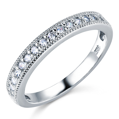 Milgrain 1-CT Round-Cut CZ Engagement Ring Set & Pave Stones in 14K White Gold Slide 4
