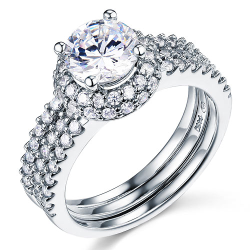 Split Shank Halo Round-Cut CZ Engagement Ring Set in 14K White Gold Slide 0