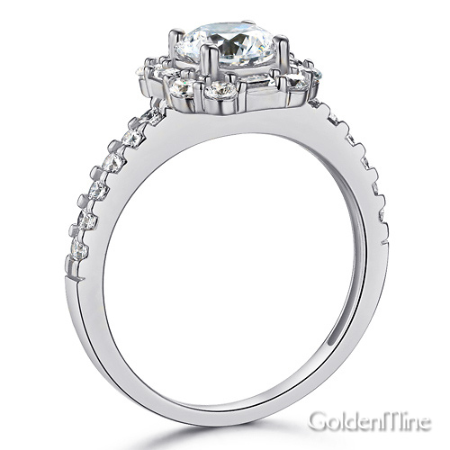 Squared Halo Baguette & Round-Cut CZ Wedding Ring Set in 14K White Gold Slide 2