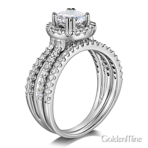 Reverse Split Shank Pave Halo 1-CT Round CZ Wedding Ring Set in 14K White Gold Slide 1