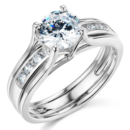 Split Shank 1-CT Round-Cut Solitaire CZ Wedding Ring Set in 14K White Gold Slide 0
