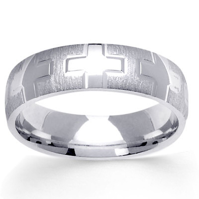 6mm Cross Textured 14K White Gold Christian Wedding Ring Slide 0