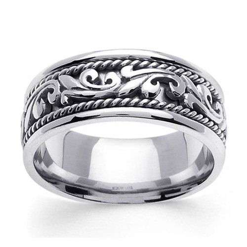 9mm Scroll Art Deco 14K White Gold Men's Wedding Band Slide 0