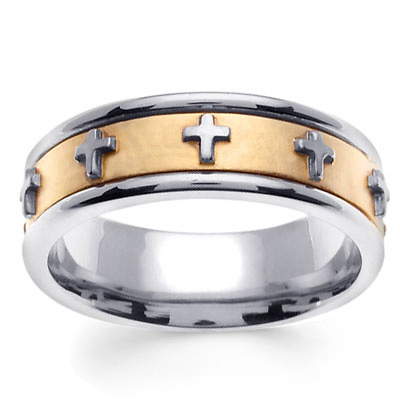 7mm 14K Two-Tone Gold Cross Christian Wedding Ring Slide 0