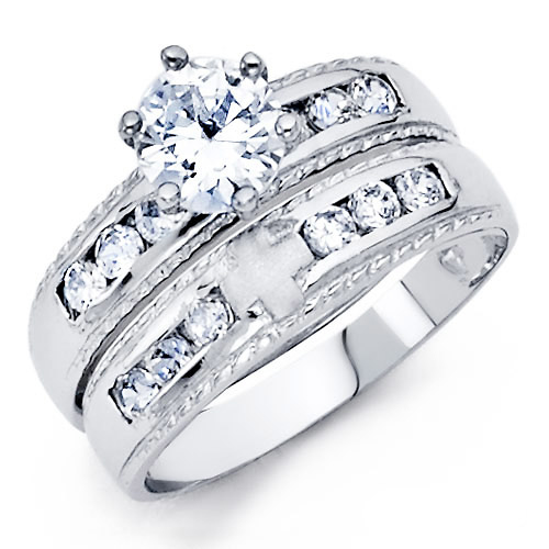 Christian Cross 1-CT Round-Cut CZ Wedding Ring Set in Sterling Silver (Rhodium) Slide 0