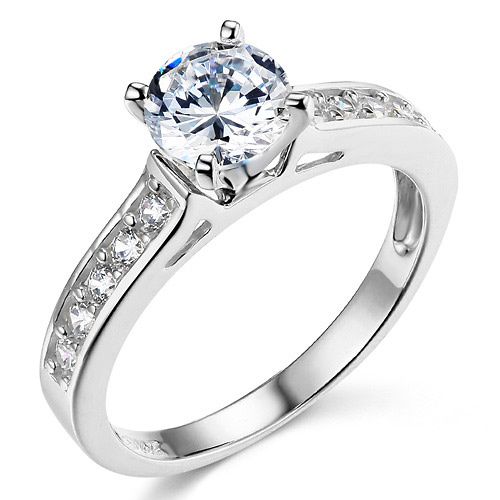 Cathedral Round-Cut CZ Engagement Ring in Sterling Silver (Rhodium) with Pave Side Stones Slide 0