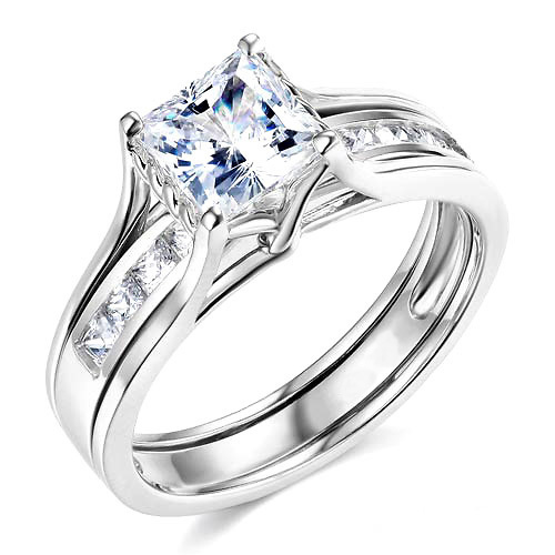 Split Shank 1-CT Princess-Cut Solitaire CZ Wedding Ring Set in Sterling Silver (Rhodium) Slide 0