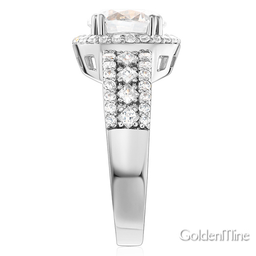 Art Deco Halo 1-CT Round-Cut CZ Engagement Ring in Sterling Silver (Rhodium) Slide 1