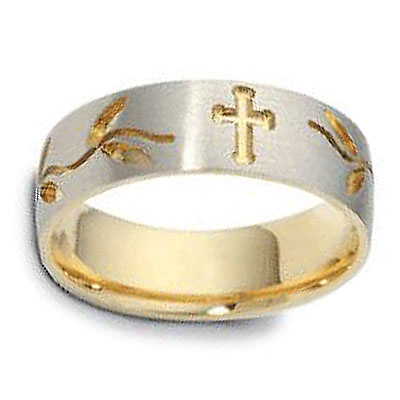7mm 14K Two Tone Gold Floral Cross Wedding Band Slide 1