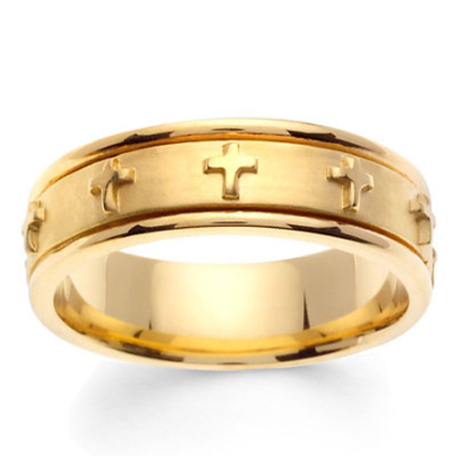 7mm 14K Yellow Gold Raised Cross Christian Wedding Band Slide 0