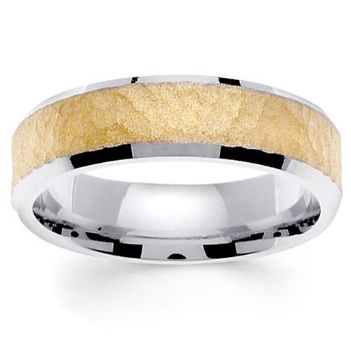 6mm Beveled Edge Textured 14K Two-Tone Gold Wedding Ring Slide 0